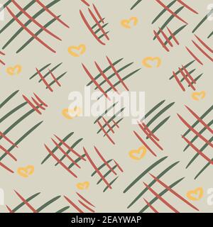 Motif gris abstrait sans couture avec lignes rouges et vertes et cœurs jaunes Banque D'Images