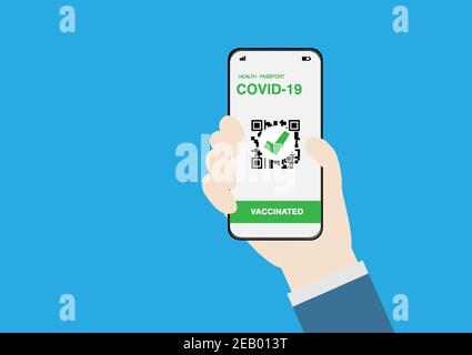 Smartphone à main avec illustration numérique du passeport vaccinal contre le covid-19. Le concept de voyage dans la nouvelle norme. Illustration vectorielle. Illustration de Vecteur