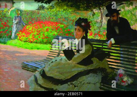 Camille Monet sur un banc de jardin 1870 Banque D'Images