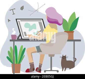 Fille travaille comme illustrateur freelance à la maison. Tablette graphique. Espace de travail indépendant. Illustration vectorielle pour l'externalisation à domicile. Illustration de Vecteur