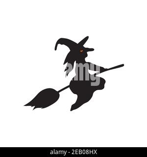 Silhouette sorcière volant sur bâton de poulet. Vecteur Halloween. Illustration de Vecteur