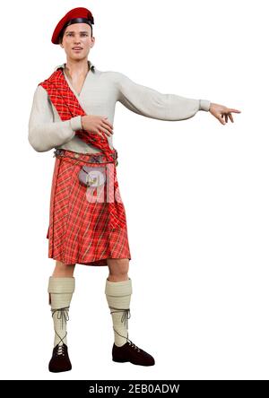 Rendu 3D d'un highlander portant un kilt écossais traditionnel isolé sur fond blanc Banque D'Images