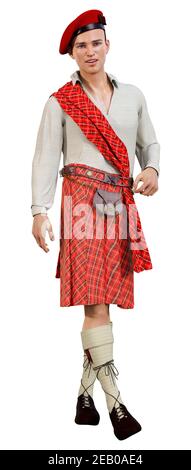 Rendu 3D d'un highlander portant un kilt écossais traditionnel isolé sur fond blanc Banque D'Images