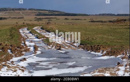 Sol glacé recouvert de neige sur une piste de char Salisbury Plain, Wiltshire, Royaume-Uni Banque D'Images