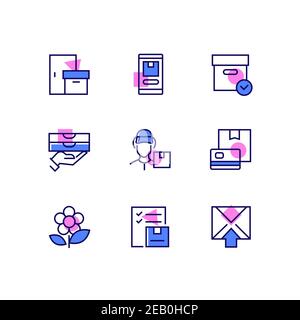 Livraison - des icônes de style de ligne moderne avec des touches de couleur. Services de messagerie et idée d'achat en ligne. Application mobile, colis, commande de nourriture, livraison Illustration de Vecteur