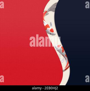 Poisson carpe koï, design minimaliste abstrait, style oriental. Arrière-plan de style chinois avec poissons carpes koï sur fond rouge bleu courbes. Illustration 3D Banque D'Images