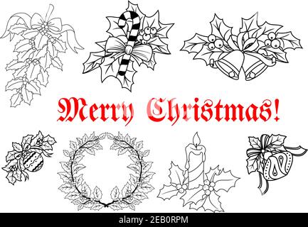 Noël et nouvel an décorations traditionnelles sans couleur avec couronnes, bougies, branches, bonbons, boules et voeux Joyeux Noël Illustration de Vecteur