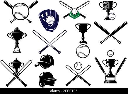 Ensemble d'éléments d'équipement de base-ball pour emblèmes de sport et logo avec battes, gants, balles, casque, casquette et trophées Illustration de Vecteur