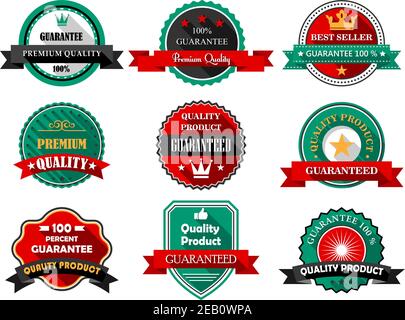 Des étiquettes plates de qualité supérieure sont disponibles en rouge, noir et vert pour la publicité et la vente, avec des banderoles en ruban, des étoiles et des couronnes en diffuseur Illustration de Vecteur