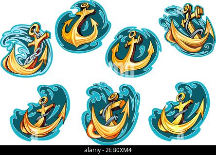 Ancres jaune cartoonées sur les vagues bleues de l'océan avec des chaînes et cordes pour emblèmes marins ou logo Illustration de Vecteur