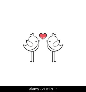 Deux oiseaux de dessin animé à contour noir avec coeur rose sur fond blanc. Illustration vectorielle Saint Valentin. Carte de vœux romantique. Symbole d'amour. Illustration de Vecteur