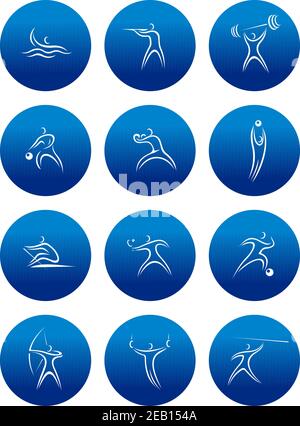 Silhouettes abstraites d'athlètes avec des équipements représentant différents types de sport dans des cercles bleus pour un design sportif Illustration de Vecteur