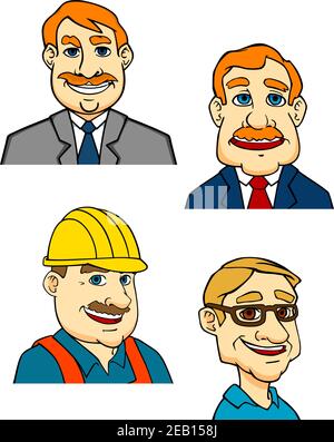 Portraits de dessins animés d'hommes de différentes professions hommes d'affaires en costume, constructeur en casque et médecin en uniforme médical Illustration de Vecteur