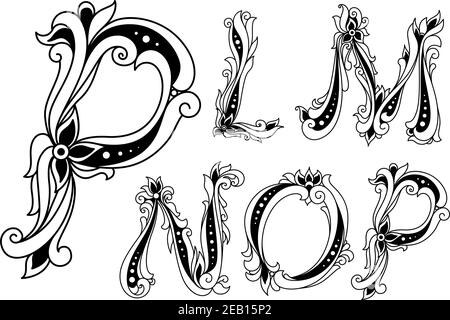 Alphabet floral avec lettres majuscules P, L, M, N, O fleurs et brindilles décorées dans un style de contour pour l'invitation ou la conception de livre Illustration de Vecteur