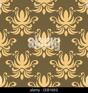 Motif fleuri sans couture sur fond marron pâle avec tracerie répétée de fleurs jaunes abstraites décorées de tourbillons et de tendrils bouclés Illustration de Vecteur