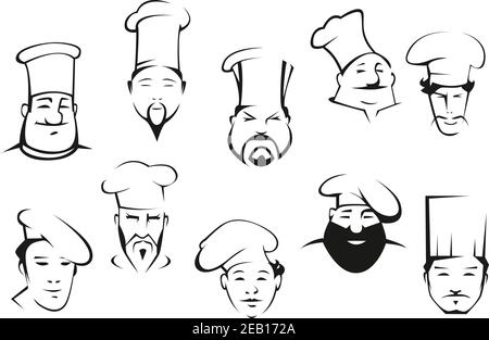 Portraits de chefs ou de cuisiniers en uniforme avec moustaches et barbes différentes nationalités et expressions émotionnelles pour le logo ou emblème d Illustration de Vecteur