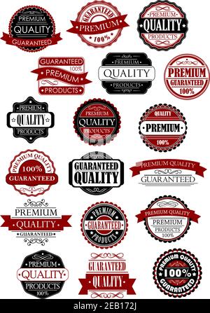 Garantie de qualité supérieure étiquettes rétro et bannières en noir et couleurs rouges pour le design promotionnel du produit Illustration de Vecteur