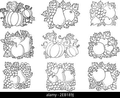 Composition rétro de fruits et légumes composés de pommes, poires, citrouilles, grenades, abricots, oranges et raisins frais avec feuilles, fleurs et cubes Illustration de Vecteur