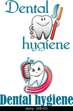 Logo d'hygiène dentaire et mascottes avec dents dessinées souriantes, brosse à dents rouge et pâte pour soins de santé, bannières de dentisterie Illustration de Vecteur