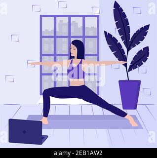 Concept de yoga en ligne. Posture du guerrier Illustration de Vecteur