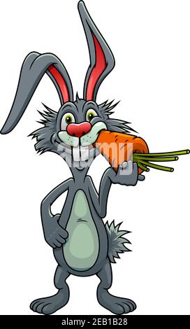 Drôle de dessin animé lapin gris avec de longues oreilles debout mangeant une carotte, pour pâques design Illustration de Vecteur