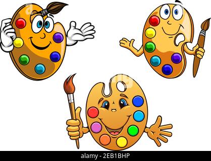 Cartoon Happy artistes palettes avec peinture colorée dans différentes formes avec des visages souriants tenant des pinceaux Illustration de Vecteur