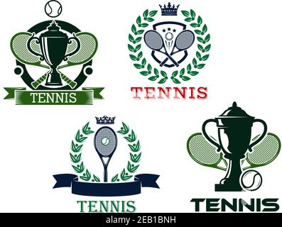 Ensemble de quatre emblèmes ou badges de tennis vectoriels pour les prix de championnat ou de club avec raquettes, trophées, bannières et couronnes Illustration de Vecteur