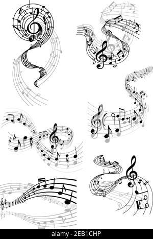 Notes et notes musicales en noir et blanc sur les rasages dans différentes formes d'onde fluides Illustration de Vecteur
