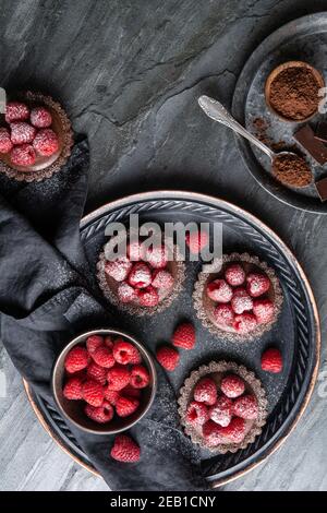 Tartelettes en croûte de cacao remplies de mousse au chocolat noir à base de crème fouettée et de purée de framboises, recouvertes de baies fraîches, arrosées de poudre Banque D'Images