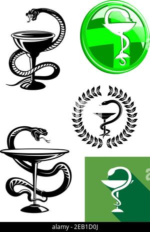 Ensemble d'icônes de pharmacie avec le symbole de médecine d'une tasse ou d'un calice avec un serpent scindé autour de sa tige et placé au-dessus de lui, illustration vectorielle Illustration de Vecteur