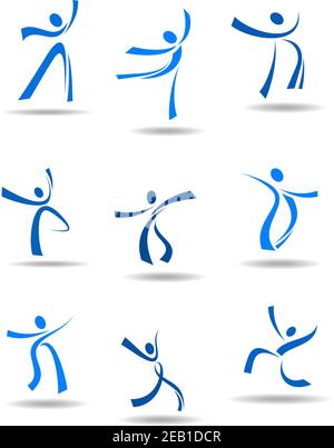 Dancing personnages icônes stylisées en forme libre représentant le mouvement et pose en bleu avec des ombres ci-dessous pour le logo ou symbole Illustration de Vecteur