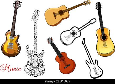 Jeu d'instruments de guitare de différentes formes représentant l'acoustique et guitares électriques et un formé d'un modèle de notes de musique Illustration de Vecteur