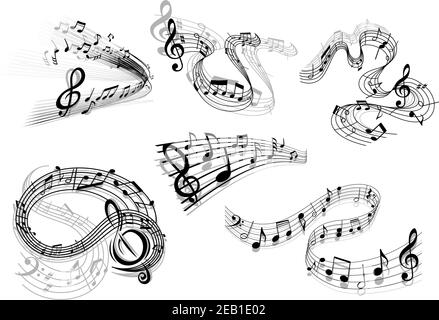 Des icônes musicales en noir et blanc tourbillonnant avec des rafles fluides avec des notes et des notes musicales dans différents modèles Illustration de Vecteur
