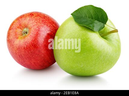 Paire de fruits mûrs de pomme rouge et verte avec feuille de pomme isolée sur fond blanc. Pommes avec passe-cheveux Banque D'Images