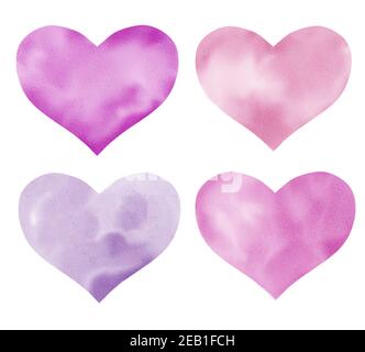 Collection de coeurs violets peints à la main isolés sur blanc. Clipart aquarelle. Idéal pour les cartes, les invitations, les tissus, les œuvres d'art, les scrapbookin numériques Banque D'Images