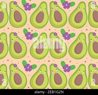 modèle alimentaire drôle heureux dessin animé mignon avocats avec fleurs vecteur illustration Illustration de Vecteur