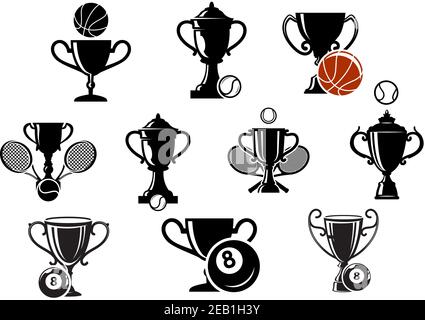 Icônes de trophées sportifs isolées avec différents ballons et équipements pour le basket-ball, le snooker ou la piscine et le tennis Illustration de Vecteur