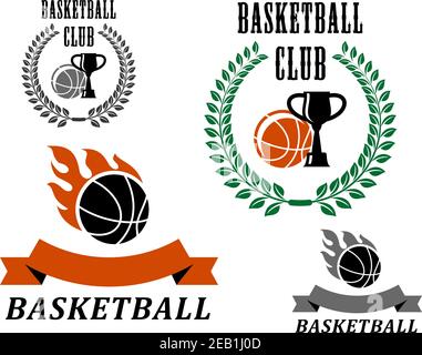 Emblèmes et symboles de basket-ball avec flammes, couronne de Laurier et club de trophées Illustration de Vecteur