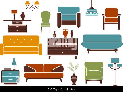 Mobilier et décoration intérieure : canapés modernes avec oreillers, fauteuils confortables, chaise vintage, armoire avec vases, table de nuit Illustration de Vecteur