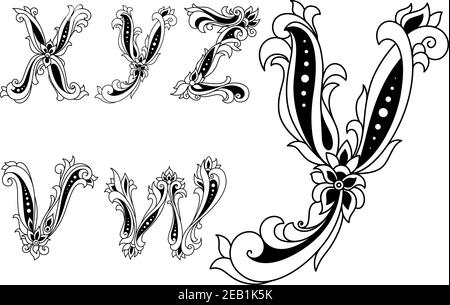 Lettres de l'alphabet v,W, x,y,z de style rétro décorées de fleurs pour n'importe quel motif médiéval ou monogramme Illustration de Vecteur