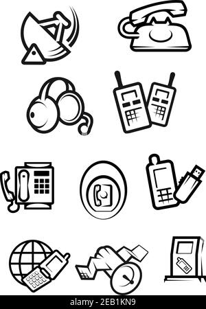 Icônes de la technologie téléphonique avec silhouettes de smartphones, téléphones mobiles et à cadran, fax, casque, poste radio, satellite et radar isolés sur bac blanc Illustration de Vecteur