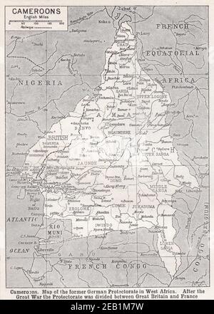 Carte d'époque du Cameroun : ancien protectorat allemand en Afrique de l'Ouest. Après la Grande Guerre, le protectorat fut divisé entre la Grande-Bretagne et la France. Banque D'Images