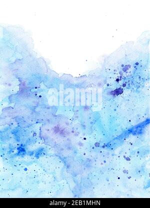 Arrière-plan aquarelle abstrait avec des taches et des splatters bleu clair et violet. Copier l'espace. Traînées multi-couches Banque D'Images