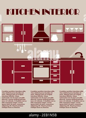 Modèle d'infographie intérieur de cuisine dans des tons de marron avec une cuisine équipée avec appareils électriques, armoires et ustensiles de cuisine et texte modifiable Illustration de Vecteur