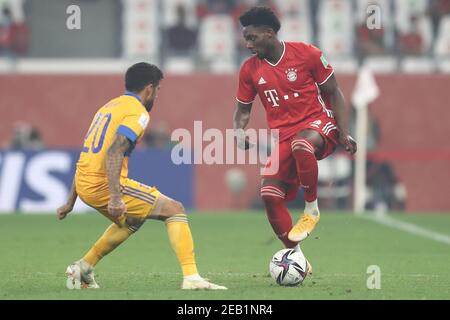 AR Rayyan, Qatar. 11 février 2021. Alphonso Davies (R) du Bayern Munich et Javier Aquino de Tigres se battent pour le ballon lors du dernier match de football de la coupe du monde du club de la FIFA entre le FC Bayern Munich et Tigres UANL au stade Education City. Credit: Mahmoud Hefnawy/dpa/Alay Live News Banque D'Images