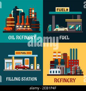 Les concepts des usines de raffinerie de pétrole et des stations-service sont de style plat et montrent les stations-service de bord de route avec des voitures, des pompes et des usines industrielles pour le raffinage o Illustration de Vecteur