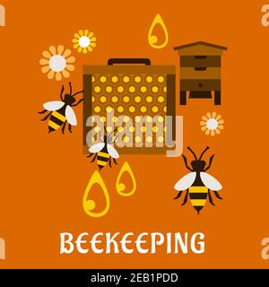 Concept d'apiculture de style plat montrant ruches, cadre avec nids d'abeilles et abeilles volant autour des fleurs et des gouttes de miel sur fond orange avec te Illustration de Vecteur