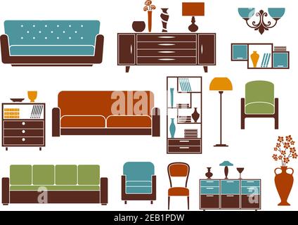 Mobilier plat et éléments de décoration intérieure représentant canapés, fauteuils et chaise modernes, commodes en bois, bibliothèque et étagère, flo vintage Illustration de Vecteur