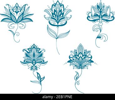 Délicates fleurs bleues persanes de style cachemire avec pointe courbée pétales et longues tiges ondulées pour un design romantique Illustration de Vecteur