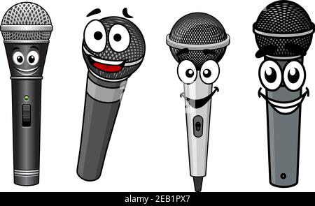 Les microphones sans fil modernes sont des personnages de dessin animé avec un sourire heureux isolé fond blanc pour un enregistrement musical ou un design performant Illustration de Vecteur